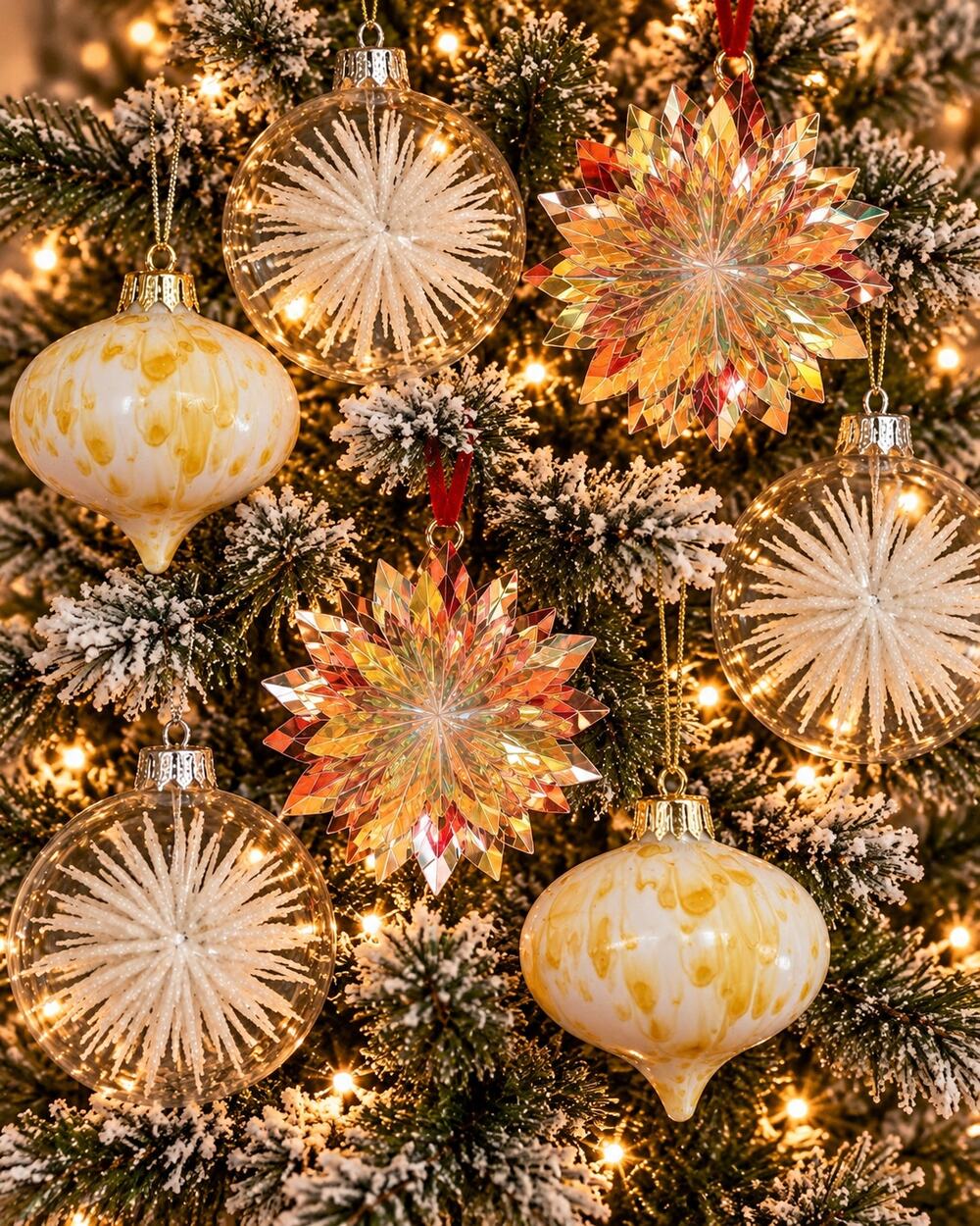 Christmas Ornaments Clear Gold Iridescent Starburst Ball Holiday Decor Lot 14 Pc